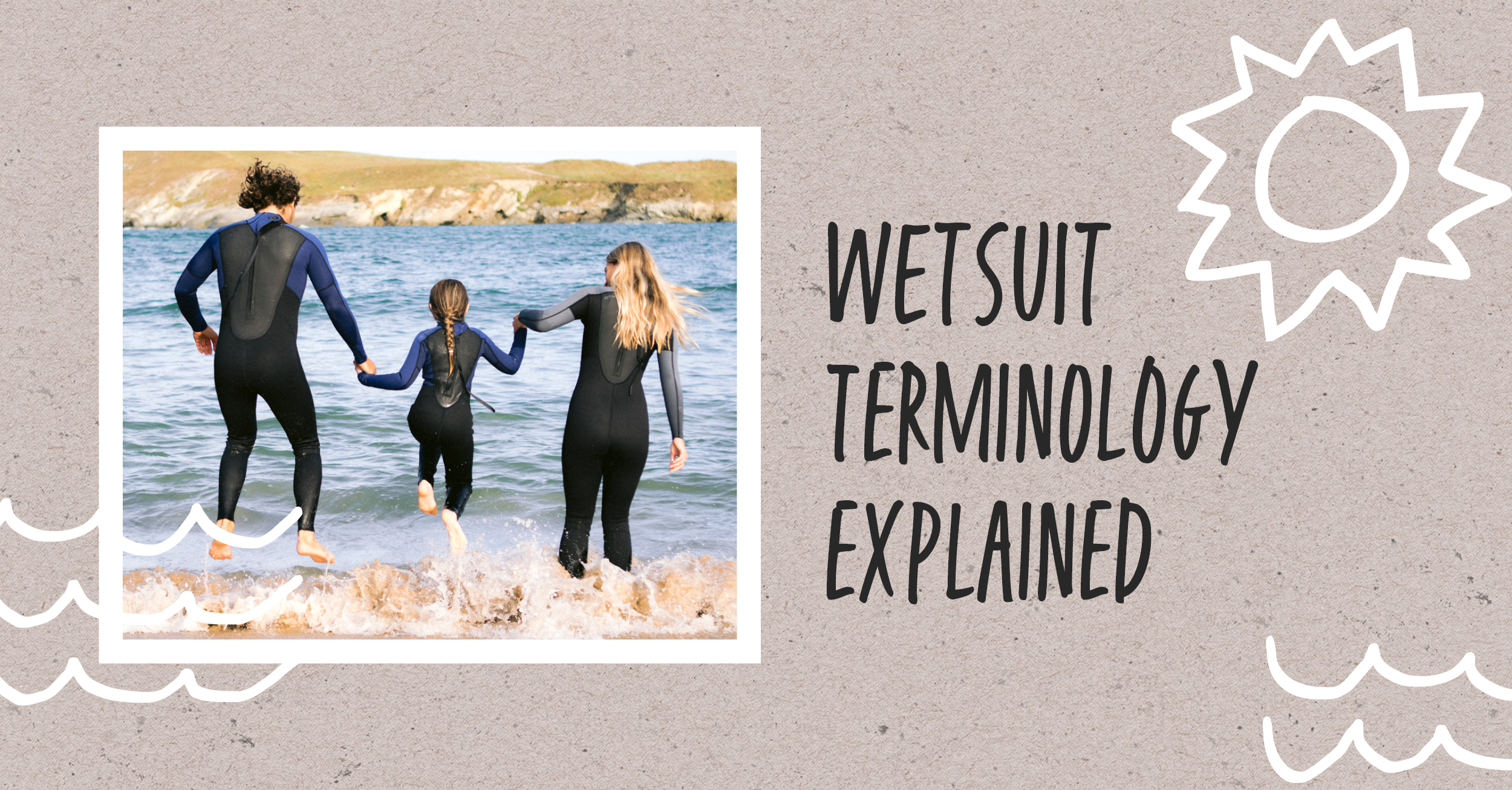Image of parents with their daughter, playing at the beach in their Typhoon STORM3 Wetsuits. Text reading 'Wetsuit Terminology Explained'